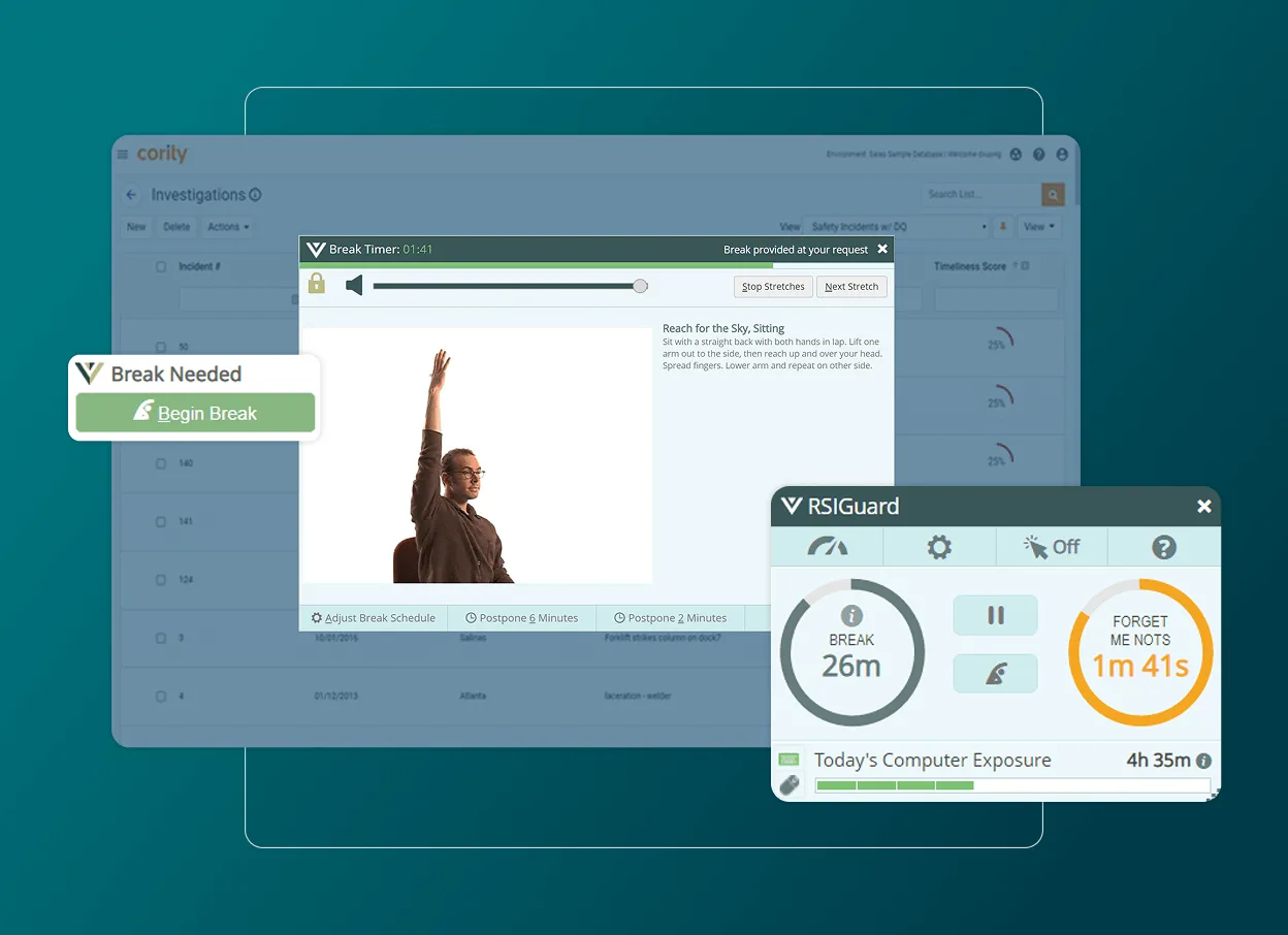 A computer screen displays Employee Health Software pop-ups reminding the user to take a break, featuring a break timer, an exercise image, and statistics about current computer exposure and remaining break time.