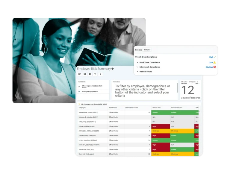 A woman smiles while working on a laptop with Ergonomic Software, overlaid by a screenshot of an employee risk summary dashboard displaying compliance indicators, risk levels, and a records table.