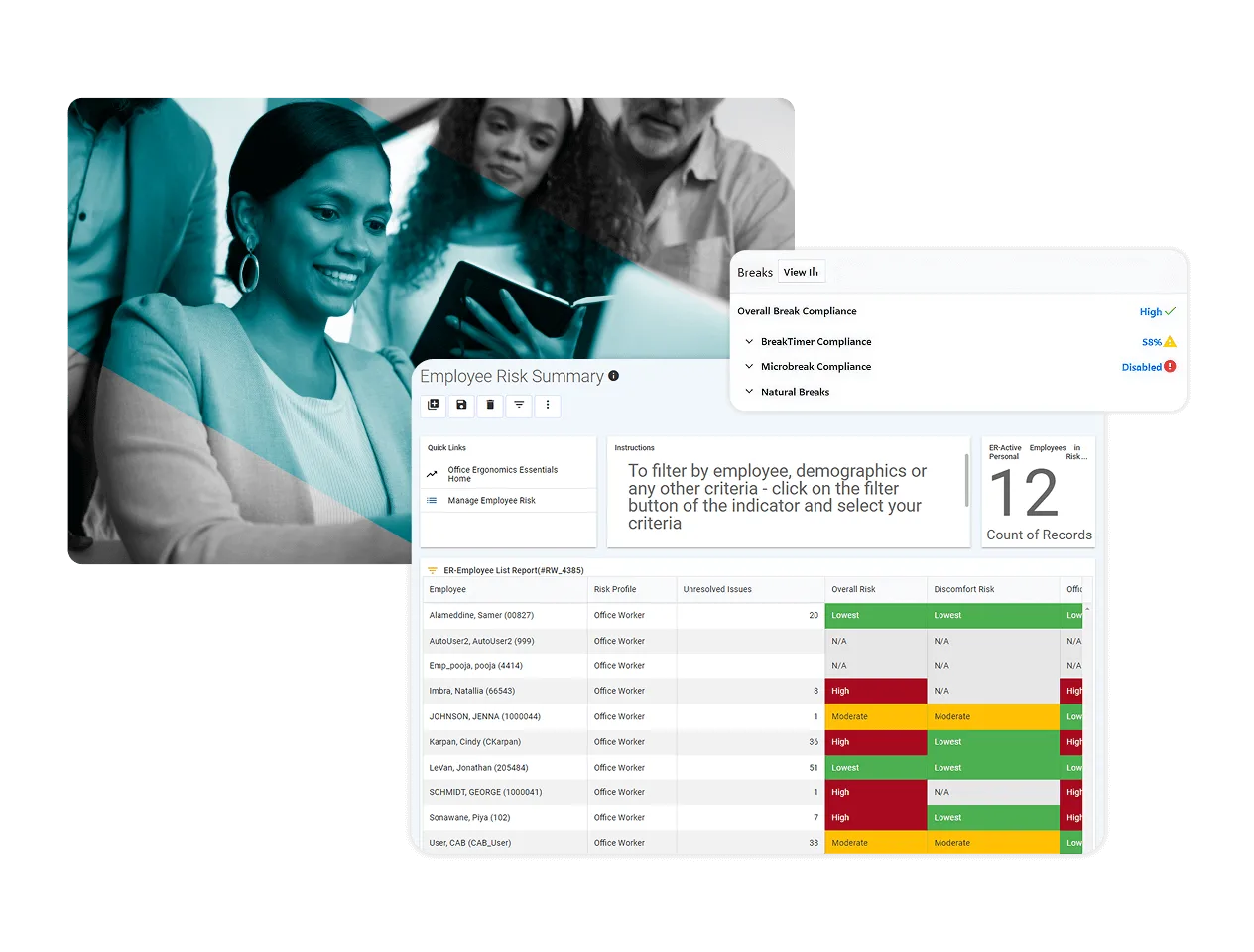 A woman smiles while working on a laptop with Ergonomic Software, overlaid by a screenshot of an employee risk summary dashboard displaying compliance indicators, risk levels, and a records table.