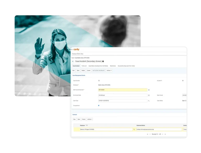 A woman wearing a mask and gloves waves, overlaid by a screenshot of industrial hygiene software displaying fields for COVID-19 case details and contact information.