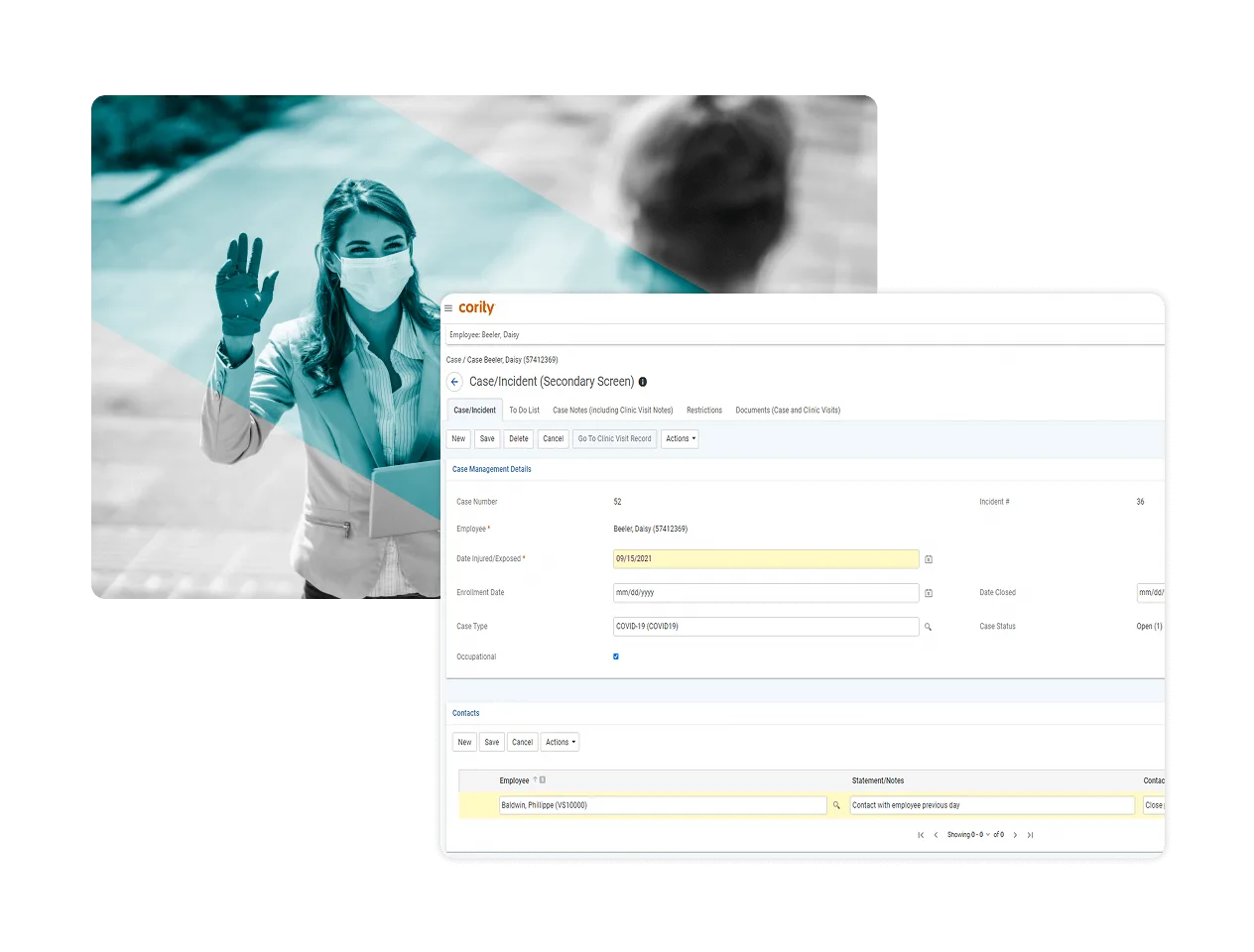 A woman wearing a mask and gloves waves outdoors; overlaid is a computer screen showing a Pandemic Software case incident report form with fields for case management details.
