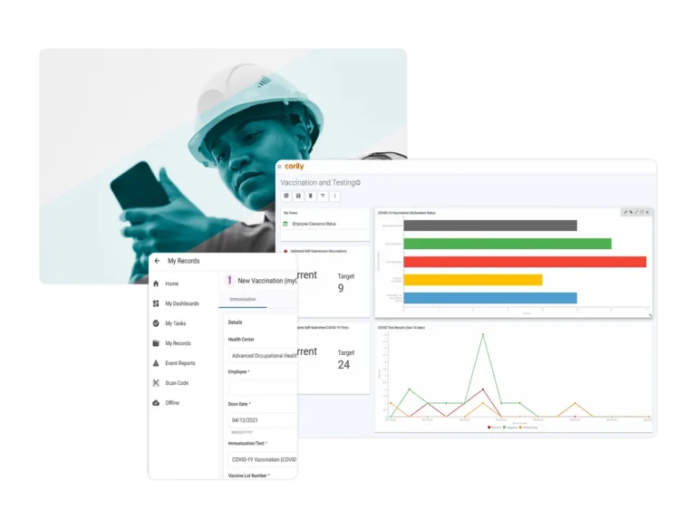 A person in a hard hat uses a mobile device. Overlaid are screenshots of an industrial hygiene software dashboard with charts, graphs, and a menu related to vaccination and testing records, suggesting workplace health management.