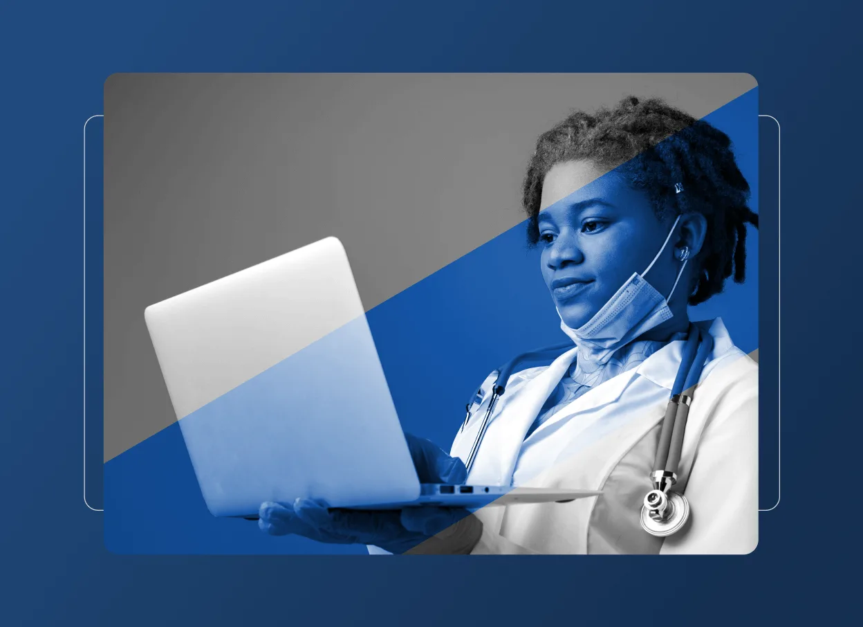 A doctor in a white coat and stethoscope holds an open laptop, face mask pulled down under her chin—a scene reflecting the Hospital Industry. Half of the photo is highlighted with a blue color overlay.