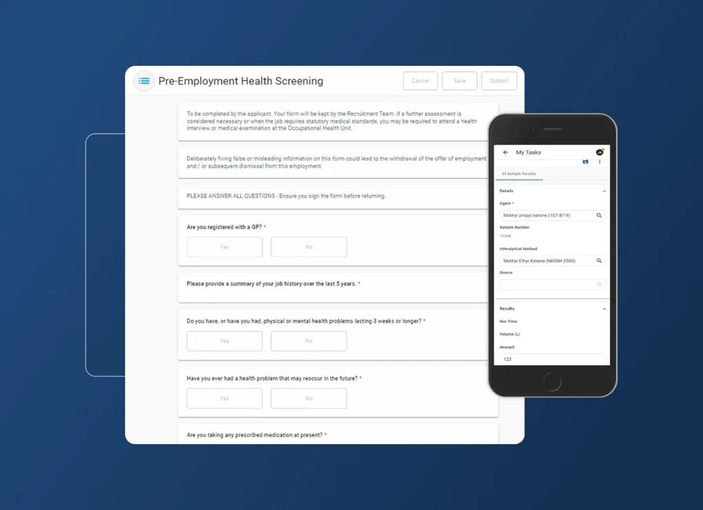 A digital pre-employment health screening form for the hospital industry is shown on a computer, next to a smartphone displaying a task list. Both devices present medical forms on a blue background with an accordion section for easy navigation.