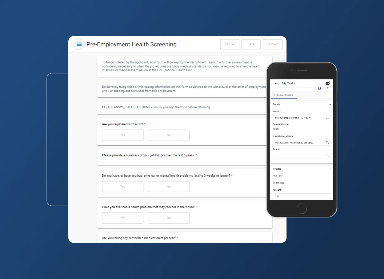 A digital pre-employment health screening form for the hospital industry is shown on a computer, next to a smartphone displaying a task list. Both devices present medical forms on a blue background with an accordion section for easy navigation.
