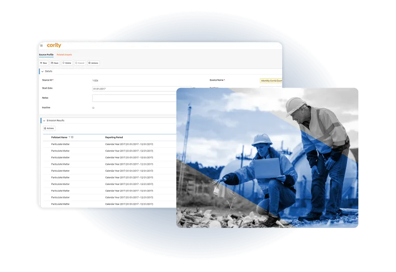 A screenshot of an Industial Hygiene Software dashboard showing permit statuses overlaps with a semi-transparent photo of two construction workers reviewing documents at a worksite.