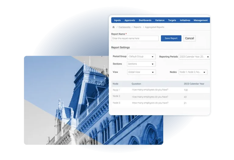 A partially faded blue-toned photo of a historic building is overlaid by a digital dashboard displaying Industial Hygiene Software report settings and employee data fields on a modern web interface.