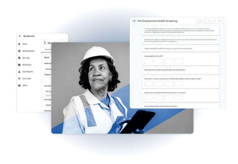 A woman in a safety vest and hard hat smiles while holding a tablet. Behind her, digital screens display medical records and a pre-employment health screening form powered by Industrial Hygiene Software.