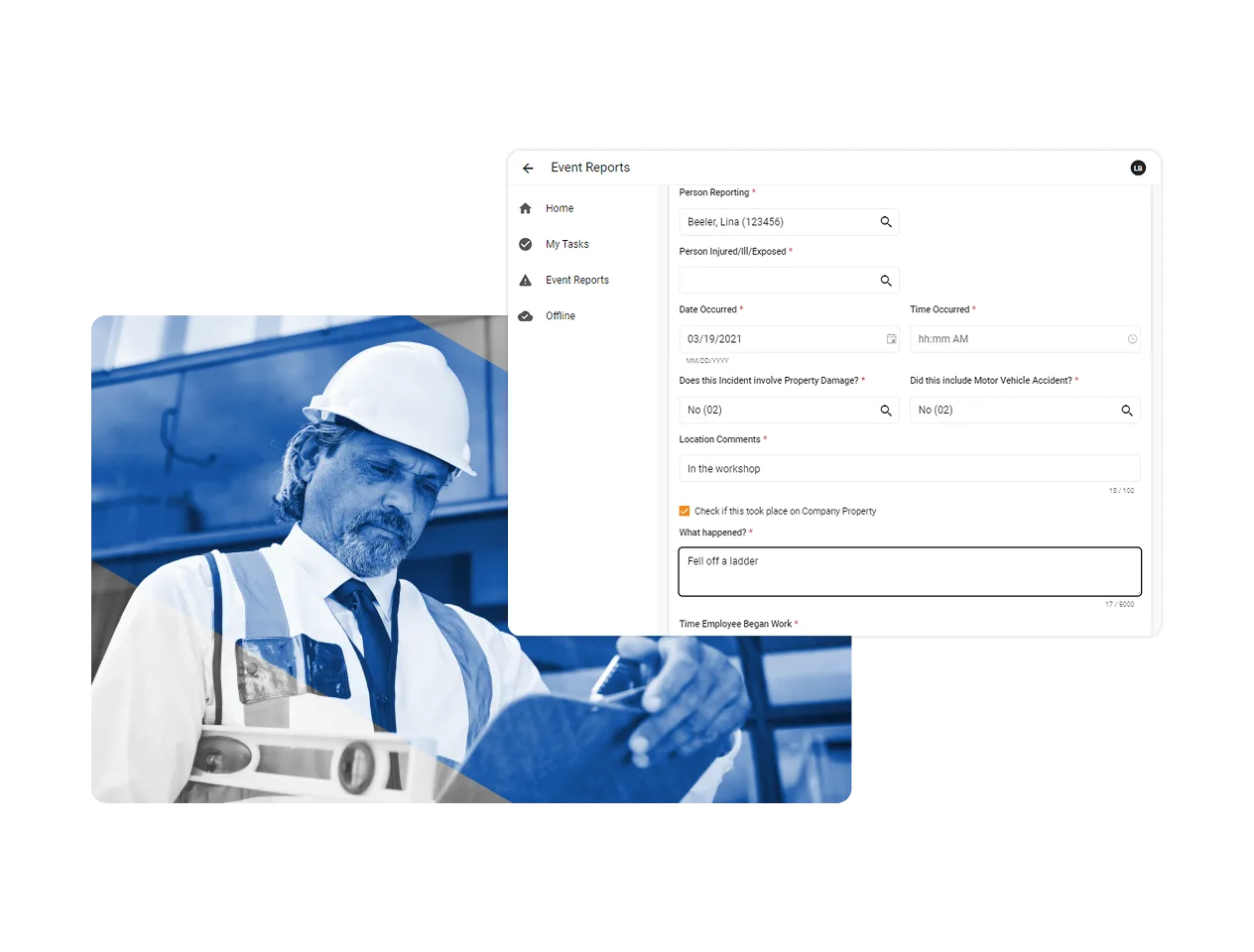 A construction worker wearing a white hard hat and safety vest looks down at a clipboard. Overlaid is an EHS Incident Reporting Software interface detailing a digital workplace accident report.