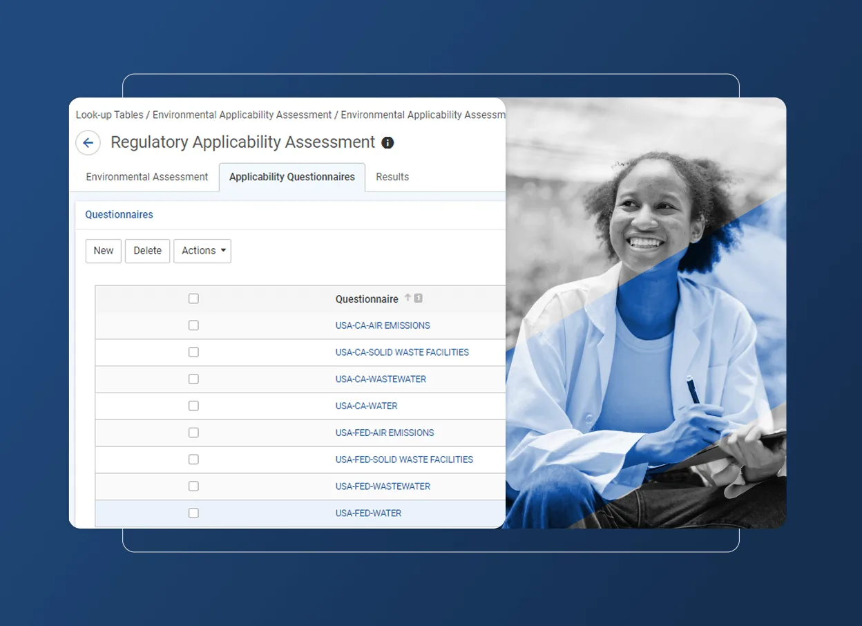 A digital interface displays a Regulatory Applicability Assessment questionnaire list with an accordion section, overlaid with a grayscale photo of a smiling person in a lab coat, set against a blue background—ideal for the manufacturing industry.