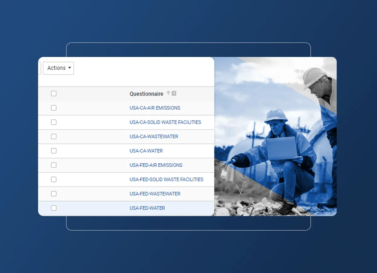 A digital interface with an Accordion Section displays a checklist of environmental questionnaires overlaid on a blue-tinted photo of two construction workers from the metals industry, wearing helmets and using a laptop at a worksite.