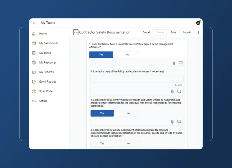 A digital form titled Contractor Safety Documentation is displayed on a computer screen, designed for the metals industry. The interface features an Accordion Section with questions, yes/no options, comment fields, and navigation links on the left sidebar.