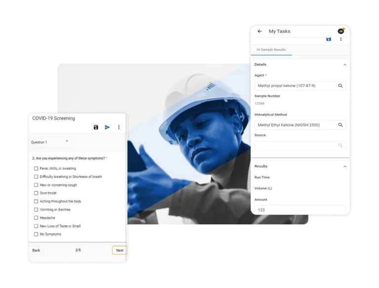 A digital interface powered by Mobile EHS Software displays a COVID-19 screening questionnaire and chemical test results, overlaid on a blue-toned image of a person in a hard hat and safety gear inspecting equipment.