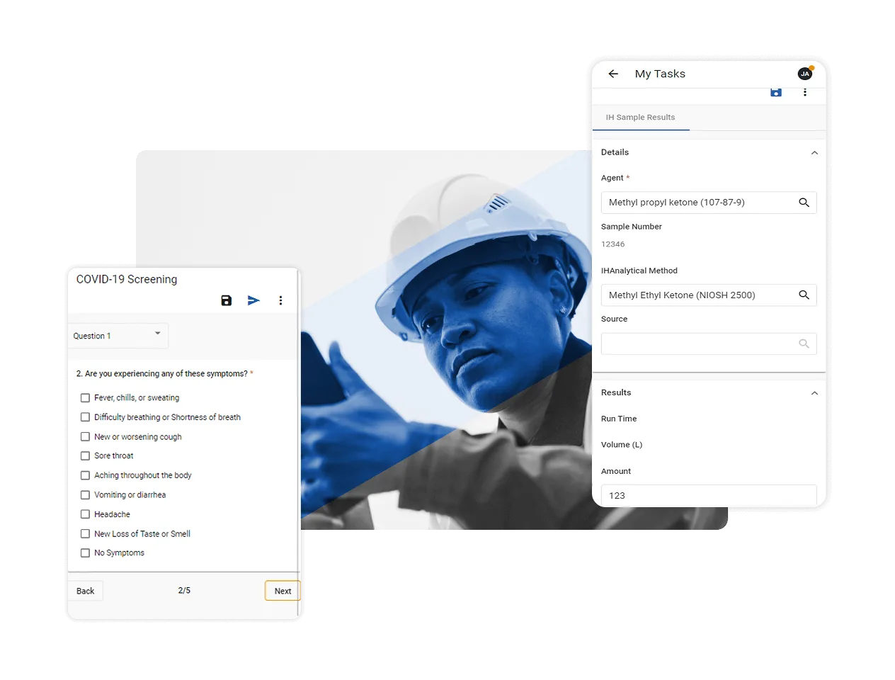 A digital interface powered by Mobile EHS Software displays a COVID-19 screening questionnaire and chemical test results, overlaid on a blue-toned image of a person in a hard hat and safety gear inspecting equipment.