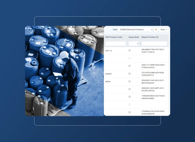 A person in safety gear checks large blue chemical barrels in a warehouse, typical of the oil industry. Overlaid is a digital table listing chemical product codes and IDs, labeled CHEM Chemical Products.