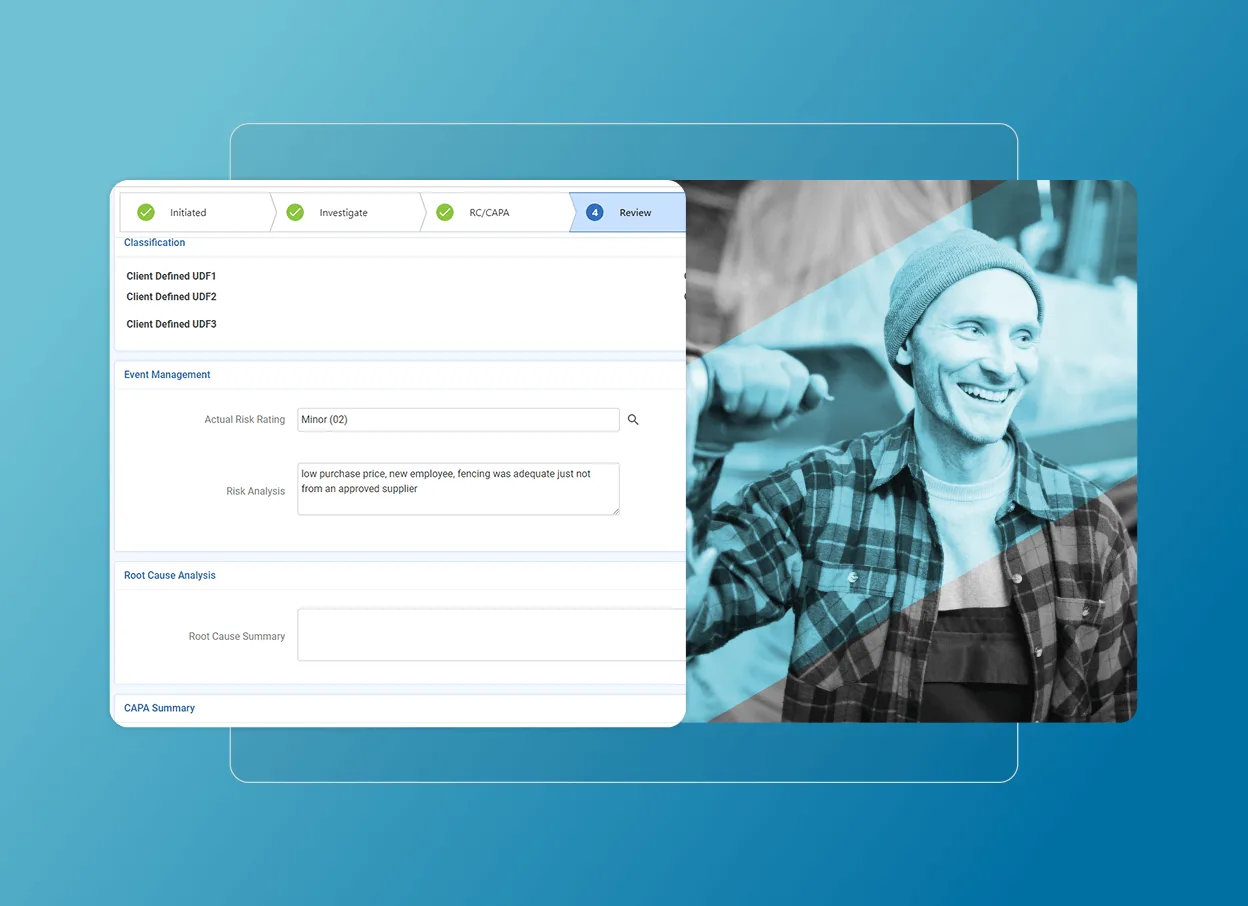 A digital interface with a Cloud Accordion Section displaying a risk management form overlays a photo of a smiling worker in a beanie and plaid shirt giving a thumbs up in an industrial setting, set against a blue gradient background.