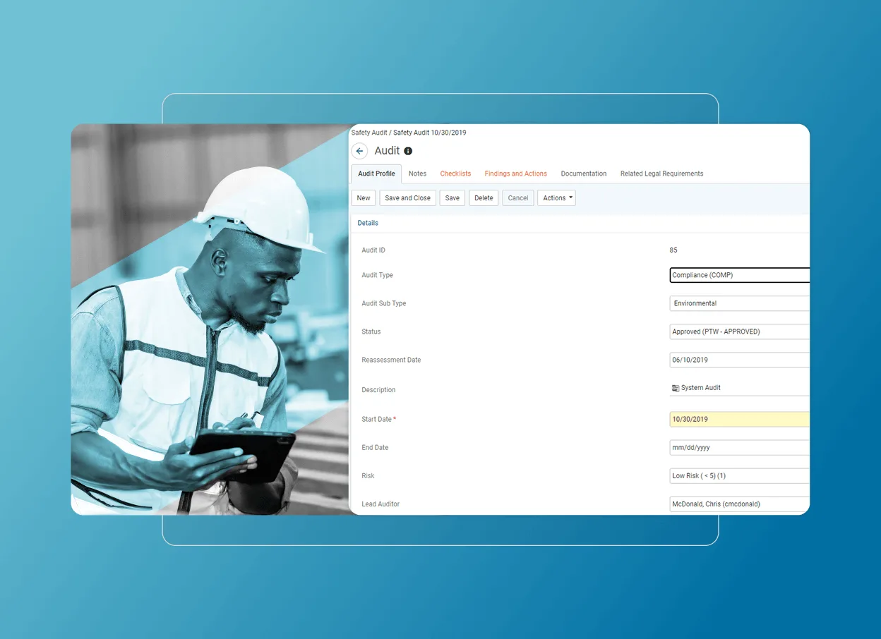 A construction worker in safety gear uses a tablet. Next to him, a computer screen displays an audit checklist in a Cloud Accordion layout, showing status, description, and start/end date on a blue background.