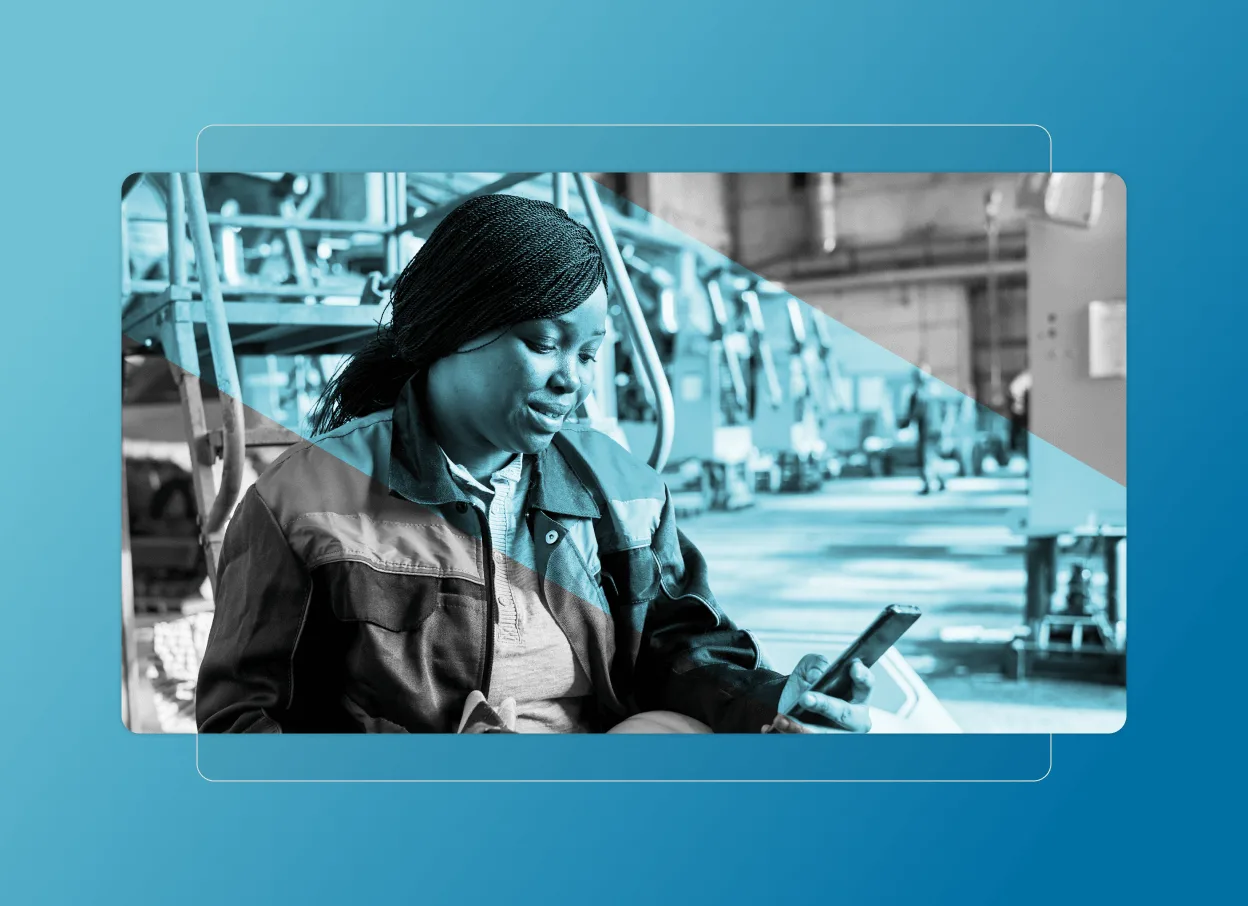 A woman in work attire sits in a factory setting, looking at a smartphone. Blue graphic overlays highlight a Cloud Accordion Section, with blurred industrial equipment visible in the background.