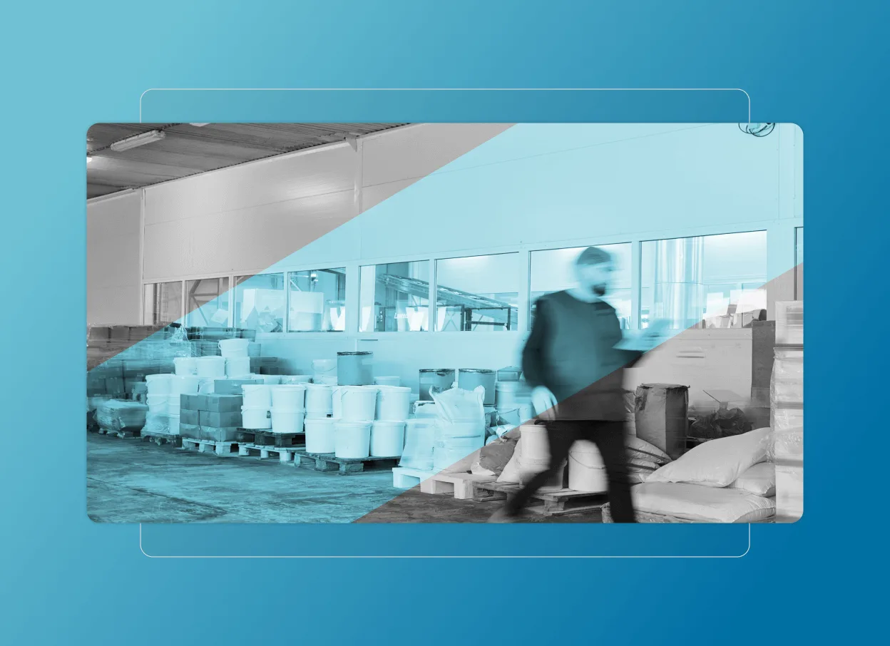 A blurred person walks through a warehouse filled with large white containers and stacked bags, as blue-toned filters and geometric shapes overlay the image, creating a dynamic scene reminiscent of a Cloud Accordion effect.