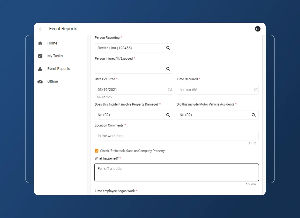 A digital form titled Event Reports is displayed with fields for person reporting, person injured, date, time, location, and incident details. In the Retail Industry version, an Accordion Section expands to show “Fell off a ladder” under “What happened?”.