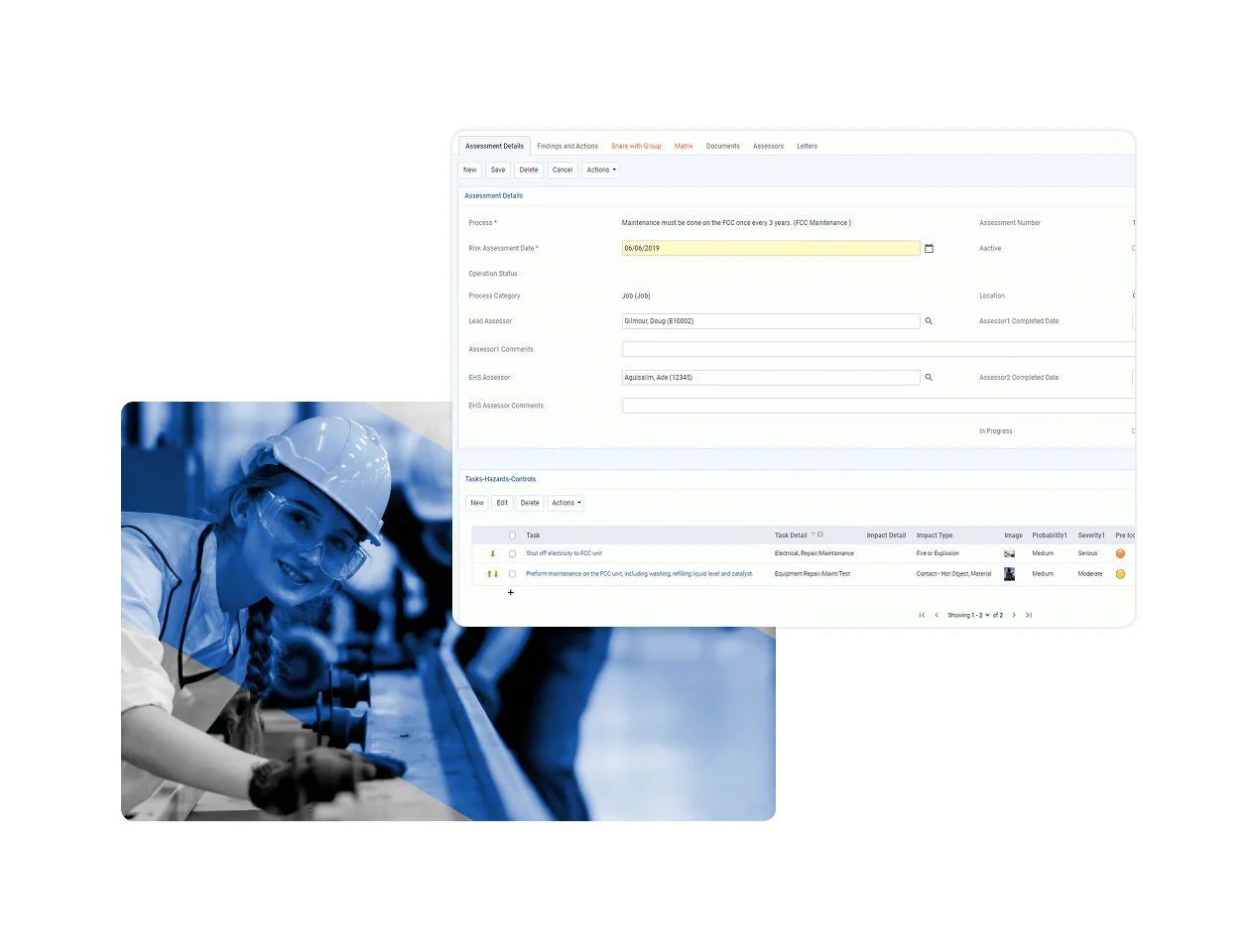 A woman wearing a hard hat and safety glasses smiles at a worksite; above her is a screenshot of risk management software displaying fields for assessment details and actions.