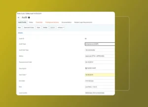 A computer screen displays a Safety Cloud audit management interface showing details for a safety audit, including audit type, status, dates, risk level, and lead auditor information, against a yellow gradient background.