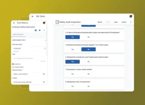 A digital dashboard in Safety Cloud displays an Employee Safety Observation event report form and a Safety Audit Inspection checklist with Yes/No options, all organized within an Accordion Section against a yellow gradient background.