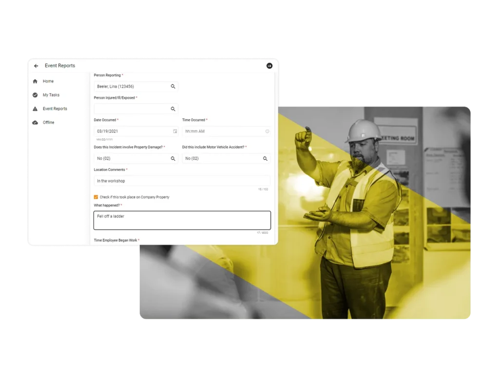 A digital event report form is displayed on the left, while on the right, a construction worker in a hard hat and safety vest gestures with his hands in a workshop, overlaid with a yellow geometric shape—showcasing advanced Industrial Hygiene Software.