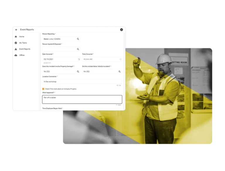 A digital event report form is displayed on the left, while on the right, a construction worker in a hard hat and safety vest gestures with his hands in a workshop, overlaid with a yellow geometric shape—showcasing advanced Industrial Hygiene Software.