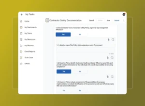 A digital dashboard in Safety Cloud displays a Contractor Safety Documentation form with multiple questions, Yes/No buttons, and text fields. The left sidebar lists tasks and resources, and an Accordion Section organizes content against a yellow gradient background.