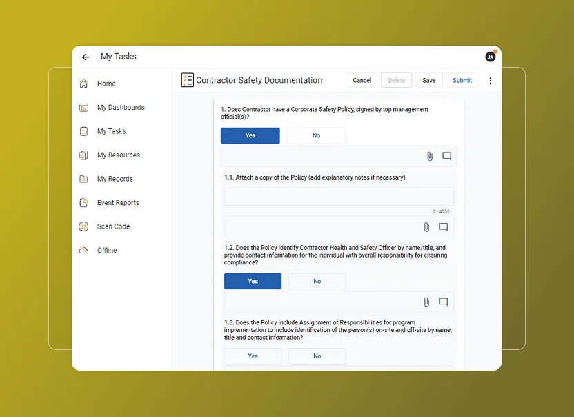 A digital dashboard in Safety Cloud displays a Contractor Safety Documentation form with multiple questions, Yes/No buttons, and text fields. The left sidebar lists tasks and resources, and an Accordion Section organizes content against a yellow gradient background.