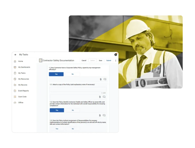 A construction worker in safety gear is overlaid with yellow, while a digital dashboard powered by Industrial Hygiene Software displays a checklist for contractor safety documentation and task management on the left side of the image.