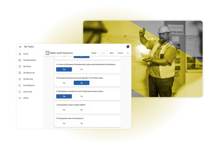 A digital safety audit inspection form powered by safety management software is displayed on a screen. Beside it, a construction worker in a hard hat and reflective vest gestures while holding a tablet in a yellow-tinted photo.