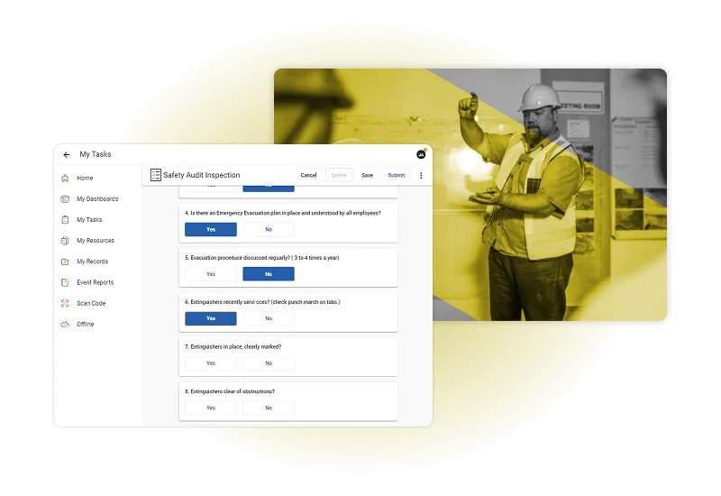 A digital safety audit inspection form powered by safety management software is displayed on a screen. Beside it, a construction worker in a hard hat and reflective vest gestures while holding a tablet in a yellow-tinted photo.