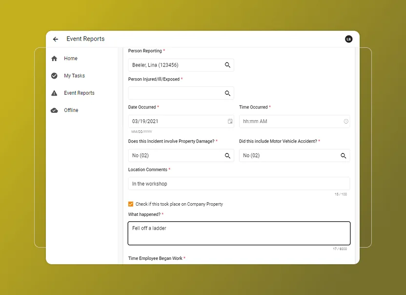 A digital event report form is displayed on a yellow gradient background. Selected fields include name, date, time, location, and a description stating Fell off a ladder. The left menu highlights “Event Reports” in Safety Cloud’s Accordion Section.