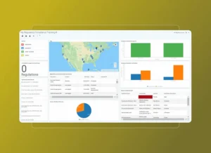 A computer dashboard in Safety Cloud displays regulatory compliance data with a U.S. map, bar and pie charts, tables of regulations, and filter options, all set against a yellow gradient background with an Accordion Section for easy navigation.