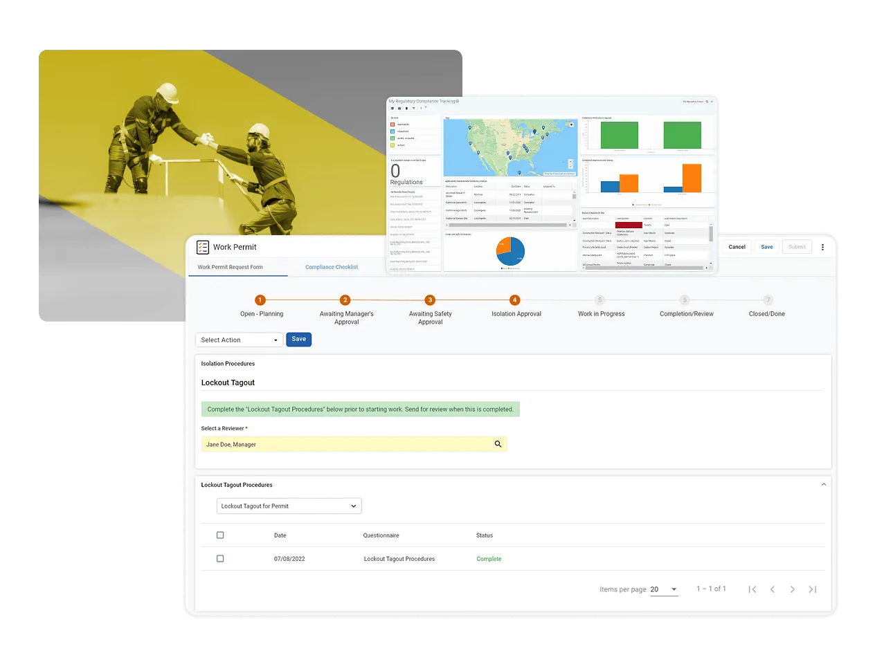A collage shows two workers in protective gear handling equipment on a yellow-tinted background, a dashboard with charts and maps, and an electronic permit to work software form highlighting a safety lockout-tagout procedure.
