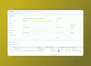 A computer screen displays a Safety Cloud assessment details form with fields for process, date, assessment number, status, category, location, and assessor. An Accordion Section reveals a table of tasks at the bottom. The background is yellow.