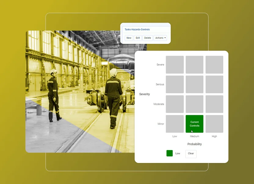 A factory worker in safety gear walks in a large industrial warehouse. Overlaid is a Safety Cloud digital risk assessment matrix, highlighting “Current Controls” with low probability and minor severity.