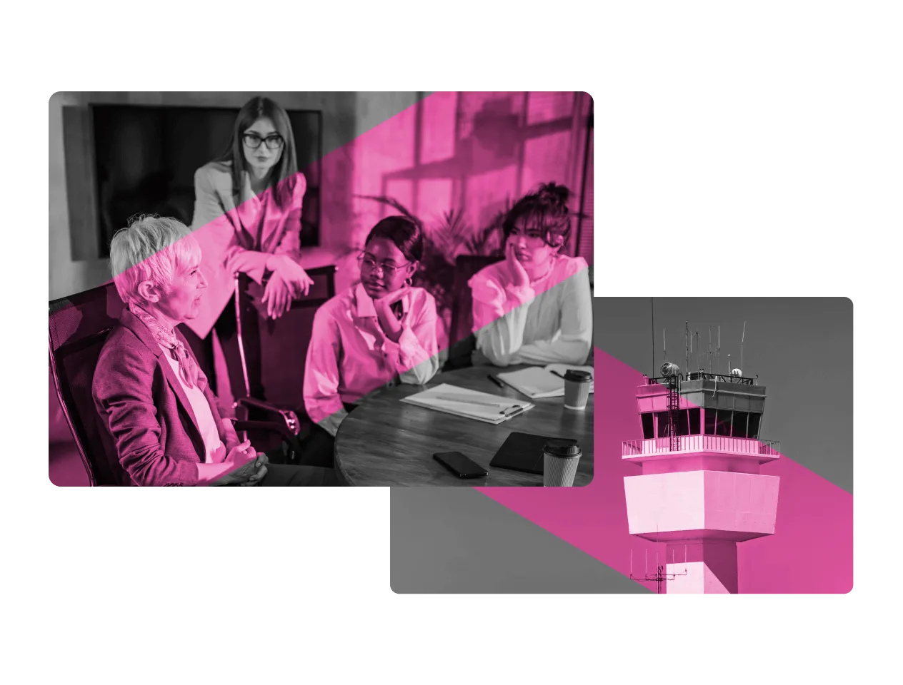 A photo of four women having a discussion at a table, overlaid with a pink diagonal stripe, appears next to an image of an air traffic control tower. Both images are unified by the pink stripe, highlighting our ESG Advisory Services.