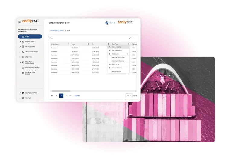 A screenshot of ESG Tracking Software’s dashboard with data tables is overlaid on a grayscale aerial photo of a shipping container terminal, featuring pink highlights on the containers.