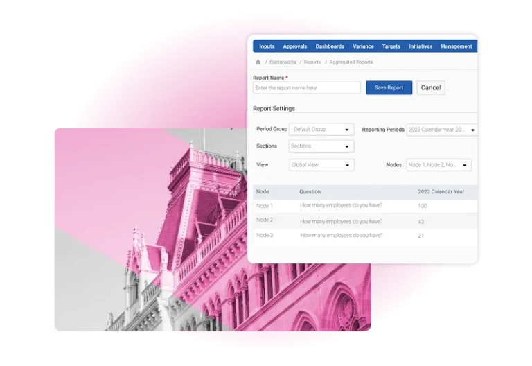 A screenshot of an ESG Tracking Software report generation interface overlays a pink-tinted architectural photo of a historic building. The interface includes fields for report name, period, section, view, and nodes, plus a list of survey questions below.
