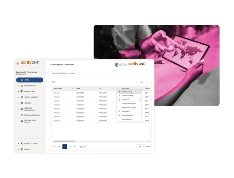 A digital dashboard titled Consumption Dashboard displays data in a table on a computer screen, alongside a photo of hands holding a tablet device, tinted pink—highlighting digital interaction and ESG private equity software-driven data analysis.