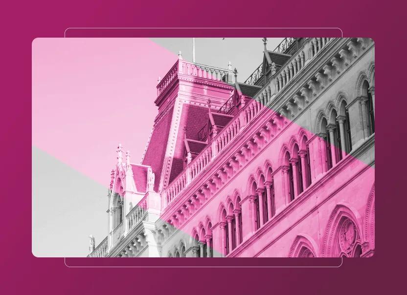 A historic, ornate building with arched windows and decorative details, shown in black and white with bright pink geometric shapes overlaying the image—highlighting innovation like Sustainability Cloud against a deep magenta gradient.