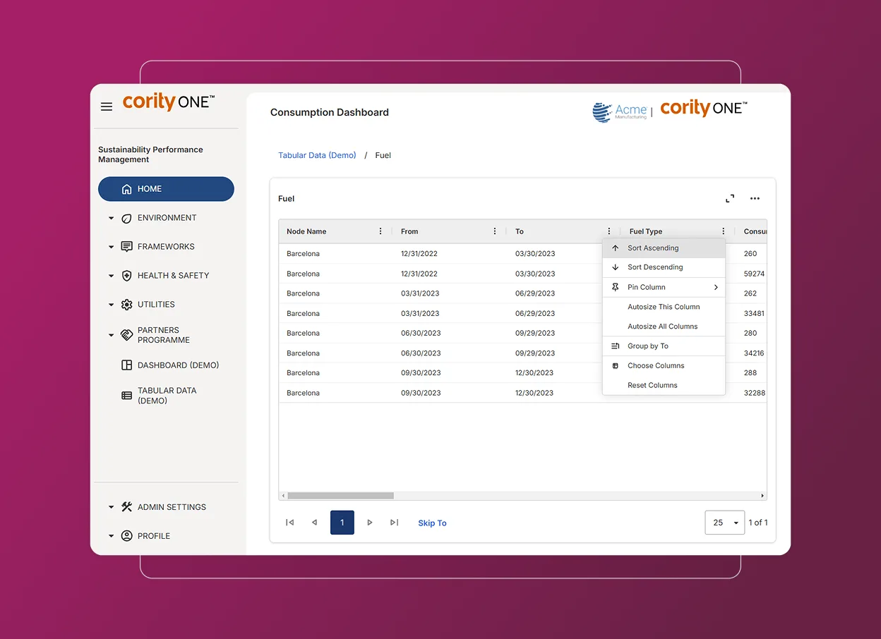 A software dashboard titled Consumption Dashboard displays a fuel consumption table with columns for node name, date, and fuel type. The left sidebar menu, inspired by Sustainability Cloud, features an Accordion Section for navigation options.