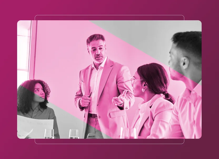 A group of four people in business attire are having a meeting; one man stands and speaks about Sustainability Cloud while the others sit at a table listening. The image has a pink overlay and a modern graphic border.