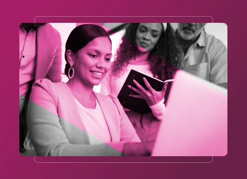 A woman smiles while working on a laptop, with three colleagues behind her—one holding a notebook. The image features a pink overlay, modern graphic elements, and references the Sustainability Cloud in the workspace.