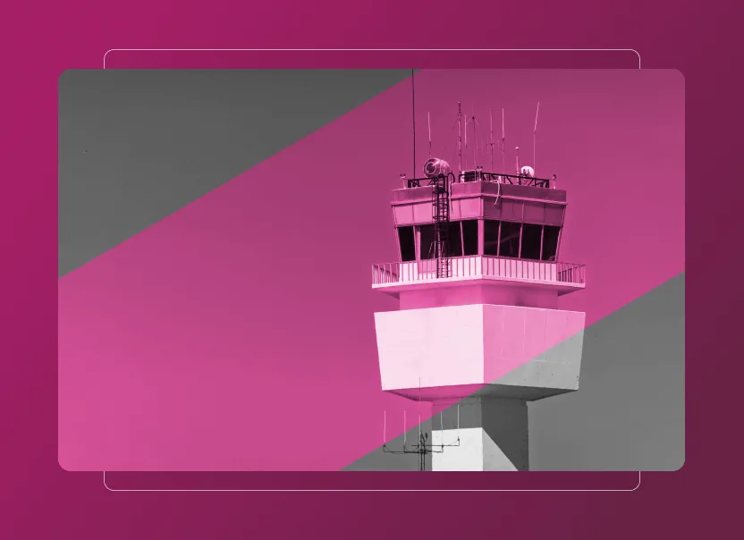 An air traffic control tower against the sky, edited with bold magenta and gray diagonal overlays, framed by translucent rectangles—evoking the innovative clarity of Sustainability Cloud.