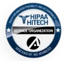 Circular blue badge with HIPAA HITECH and Secured Organization text, a caduceus symbol, and an A logo at the bottom, indicating health information security certification.