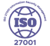 Blue ISO 27001 Information Security Management logo, featuring ISO in bold letters over a globe outline, with 27001 below.